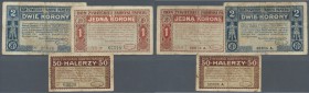 Poland: set of 3 notes local issue for Zywiec containing 50 Halerzy, 1 and 2 Korona 1919, all well used but still intact and collectible, condition: F...