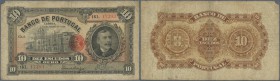 Portugal: 10 Escudos 1925 P. 134 in stronger used condition with stonger folds, stained paper and a small missing part at upper left corner. Colors ar...