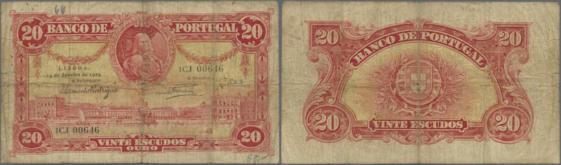 Portugal: 20 Escudos 1925, P.135, well worn condition with many folds and crease...