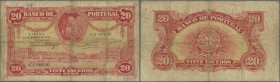 Portugal: 20 Escudos 1925, P.135, well worn condition with many folds and creases, stained paper, annotations and small hole at center. Condition: F-