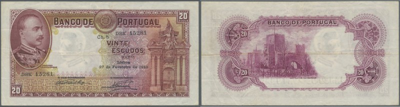 Portugal: 20 Escudos 1940 P. 143, used with folds in paper but no holes or tears...