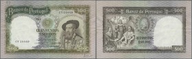 Portugal: 500 Escudos 1958, P.162, nice and attractive note with crisp paper and bright colors, two times folded and annotations at upper left and low...