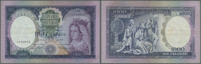 Portugal: 1000 Escudos 1961 P. 166, used with several folds but still strong pap...