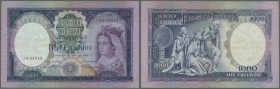 Portugal: 1000 Escudos 1961 P. 166, used with several folds but still strong paper and original colors, no holes or tears, condition: VF-.