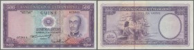 Portuguese Guinea: 500 Escudos 1971, P.43, very nice looking note with bright colors and crisp paper, folds at center, slightly pressed. Condition: VF...