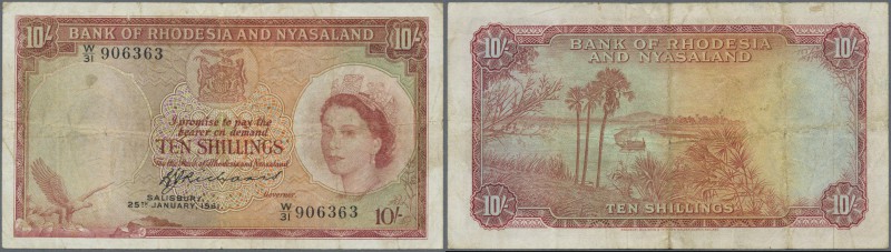 Rhodesia & Nyasaland: 10 Shillings 1961 P. 20, used with stronger folds, stain i...