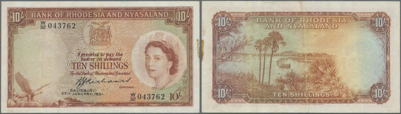 Rhodesia & Nyasaland: 10 Shillings 1961 P. 20b, light folds in paper, stain at r...