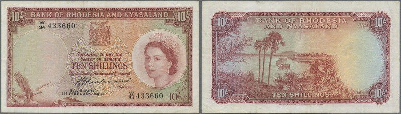 Rhodesia & Nyasaland: 10 Shillings 1961 P. 20b, used with folds, no holes or tea...
