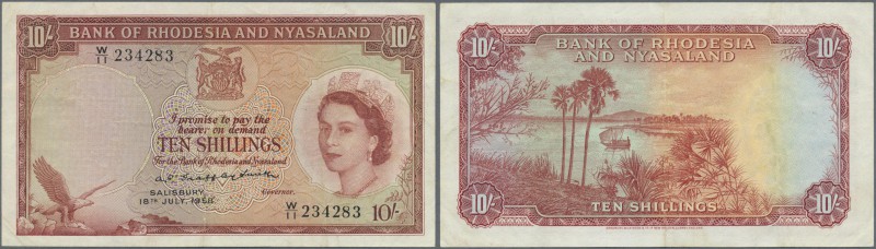 Rhodesia & Nyasaland: 10 Shillings 1958 P. 20b, light folds in paper but no hole...