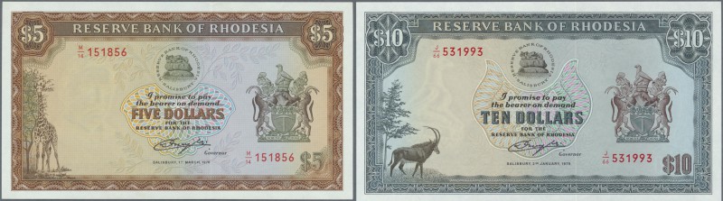 Rhodesia: set of 2 notes containing 5 Dollars 1976 P. 32b and 10 Dollars 1979 P....