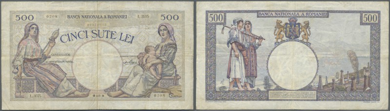 Romania: 500 Lei 1938 P. 28, used with stronger center fold, several other horiz...