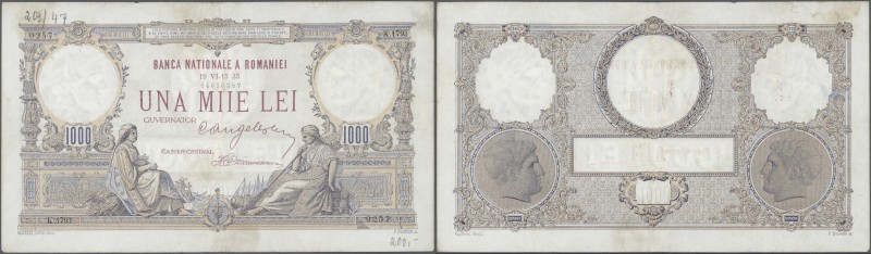 Romania: 1000 Lei 1933, P.34, very nice and rare note with lightly stained paper...