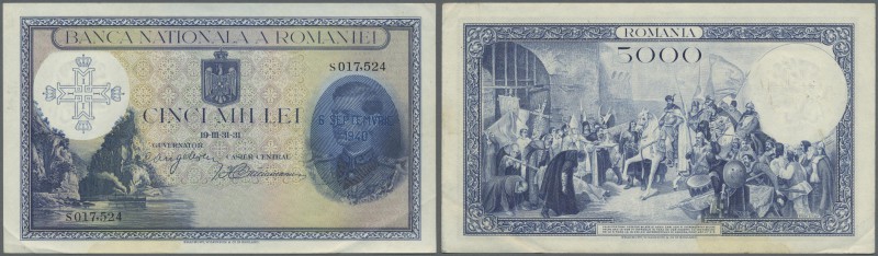 Romania: 5000 Lei 1931 with overprint 1940, P.48 with diagonal folds at lower le...