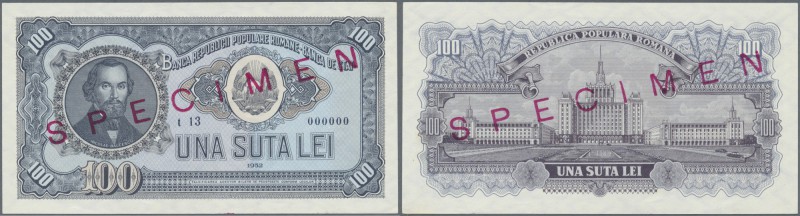 Romania: 100 Lei 1952 Specimen P. 90s, with zero serial numbers, red specimen ov...