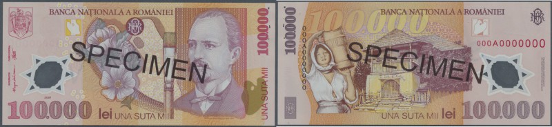 Romania: 100.000 Lei 2001 SPECIMEN, P.114s with soft diagonal bend and a number ...