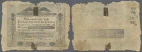 Russia: 50 Rubles 1818 State Assignate, P.A22, highly rare note in well worn condition with many tears, holes and missing parts of the paper. Very Rar...