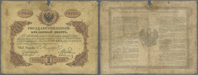 Russia: 1 Ruble 1865 State Credit Note, P.A33b in well worn condition, staining paper with several tiny holes and tears, small part missing at upper m...