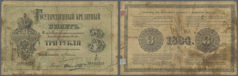 Russia: 3 Rubles 1884, P.A49 in well worn condition, staining paper with several...