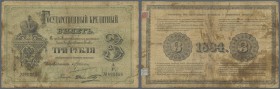 Russia: 3 Rubles 1884, P.A49 in well worn condition, staining paper with several tiny tears along the borders and at center, taped on back. Condition:...
