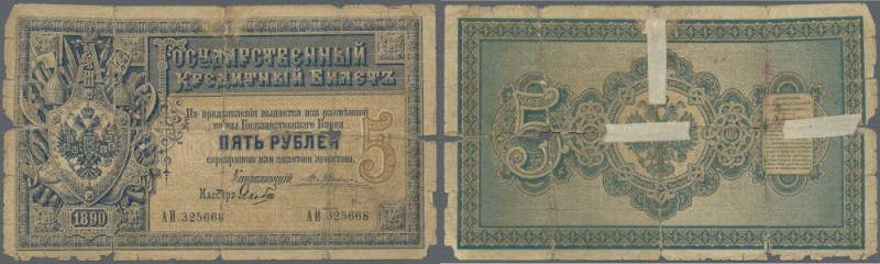 Russia: 5 Rubles 1890, P.A56 in well worn condition with a number of taped tears...