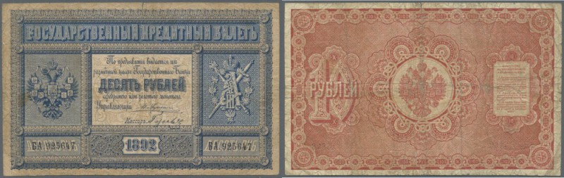 Russia: 10 Rubles 1892, P.A57, very rare item in used condition with many wrinkl...