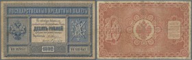 Russia: 10 Rubles 1892, P.A57, very rare item in used condition with many wrinkles and creases, larger tear at upper margin and tiny pinholes at cente...