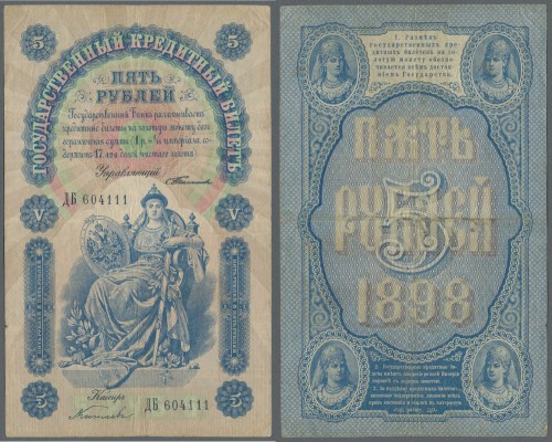 Russia: 5 Rubles 1898, P.3b, nice looking note with some folds and stains on bac...