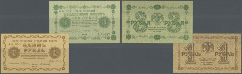 Russia: Pair with 1 and 3 Rubles State Credit Notes RSFSR 1918, P.86a, 87 in per...