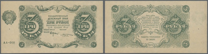 Russia: 3 Rubles 1922 series AA P. 128, center fold, corner fold, no holes or te...