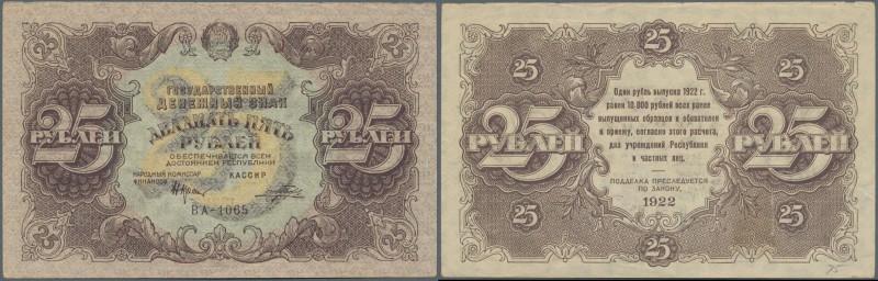 Russia: 25 Rubles 1922 P. 131 unfolded but with light handling in paper, upper b...