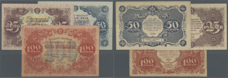 Russia: Set with 3 Banknotes 25, 50 and 100 Rubles 1922, P.131-133 in very nice ...