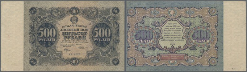 Russia: 500 Rubles 1922 P. 135, crisp original paper one vertical fold and corne...
