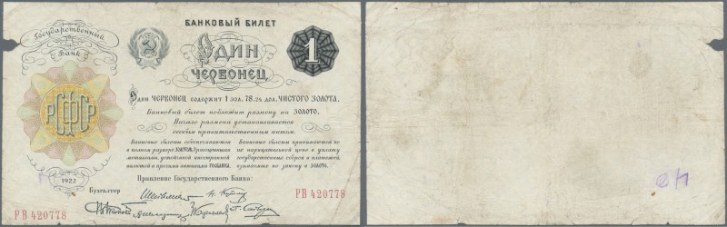 Russia: 1 Chervonets 1922, P.139a with stained paper, many folds and creases, sm...