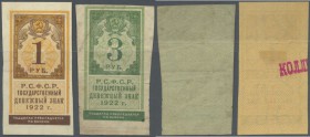 Russia: State Currency Notes 1922, pair with 1 and 3 Rubles, P.146, 147. 1 Ruble in excellent condition, 3 Rubles with staining paper and several fold...