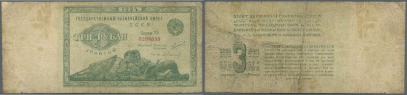 Russia: 3 Gold Rubles 1924, P.187a in well worn condition with a number of small...