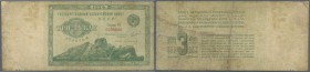 Russia: 3 Gold Rubles 1924, P.187a in well worn condition with a number of small tears along the borders, stained paper and tiny holes. Condition: F-