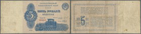 Russia: 5 Gold Rubles 1924, P.188a, very rare banknote in used condition with many folds, stained paper and tiny tears at left and right border. Condi...