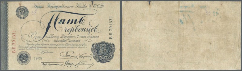 Russia: 5 Chervontsev 1928, P.200a in used condition with many folds, tiny tear ...