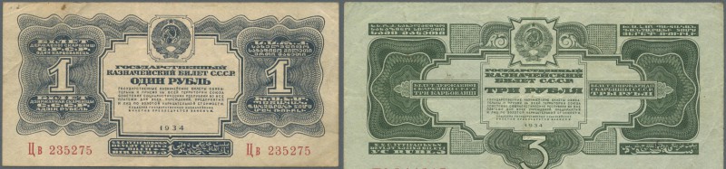 Russia: pair with 1 and 3 Rubles 1934, P.208, 210, both in used condition with s...