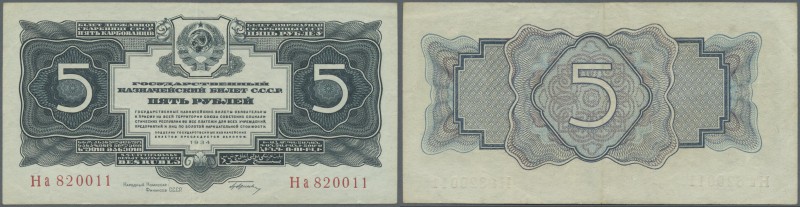 Russia: 5 Rubles 1934 P. 211 with light center fold and handling in paper, condi...