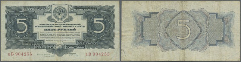 Russia: 5 Rubles 1934, P.211 in used condition with several folds and stains. Co...