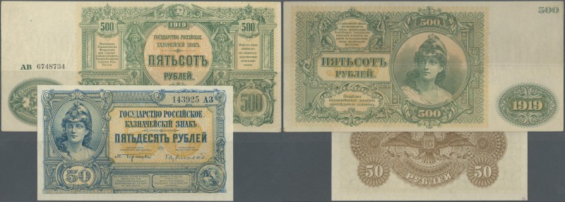 Russia: set of 2 notes containing 50 and 500 Rubles 1919 P. 438, 440, the first ...
