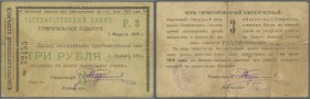 Russia: North Caucasus Stavropol Branch of the State Bank, 3 Rubles 1918, P.S520B, stained paper with several folds, small tears at left border and lo...