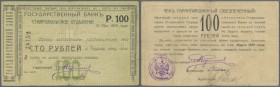 Russia: North Caucasus Stavropol Branch of the State Bank, 100 Rubles 1918, P.S520G, several small tears along the borders, some of them taped on back...