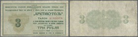 Russia: National Trust ”Arcticugol” 3 Rubles 1946, P.NL (Istomin A-4.2), nice used condition with slightly stained paper, several folds, repaired part...