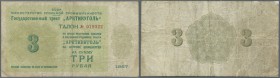 Russia: National Trust ”Arcticugol” 3 Rubles 1957, P.NL (Istomin A-6.7), stained paper with several folds and tiny tears along the borders. Condition:...