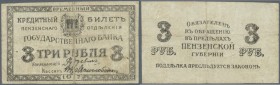 Russia: Central Region, Penza branch, office of the State Bank 3 Rubles 1917, P.NL (Kardakov 1.28.1), used condition with stained paper and several fo...