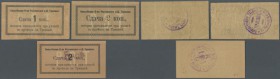 Russia: South Russia, Rostov on Don, set with 3 Tram tickets 1, 2, 5 Kopeks ND(1918), P.NL (Kardakov 6.16.17-6.16.19), 1 and 2 Kopeks in used conditio...