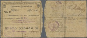 Russia: North Caucasus, Groszny Treasury, 100 Rubles 1918, P.NL (Kardakov 7.26.14), well worn condition with many folds and creases, several tears and...