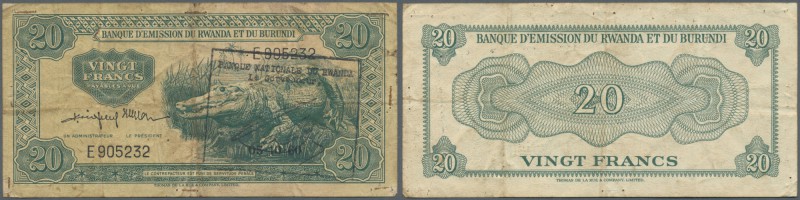 Rwanda: 20 Francs 1960 from Rwanda-Burundi re-valued for Rwanda with a stamp of ...